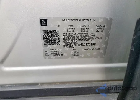 2020 Chevrolet Traverse Ls z USA, uszkodzony, nr VIN 1GNEVFKW4LJ170198